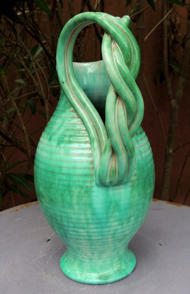 Vase, Ceramic Vase With This Bright Green, With Large Braided Handles Signed Alexana 20th-photo-1