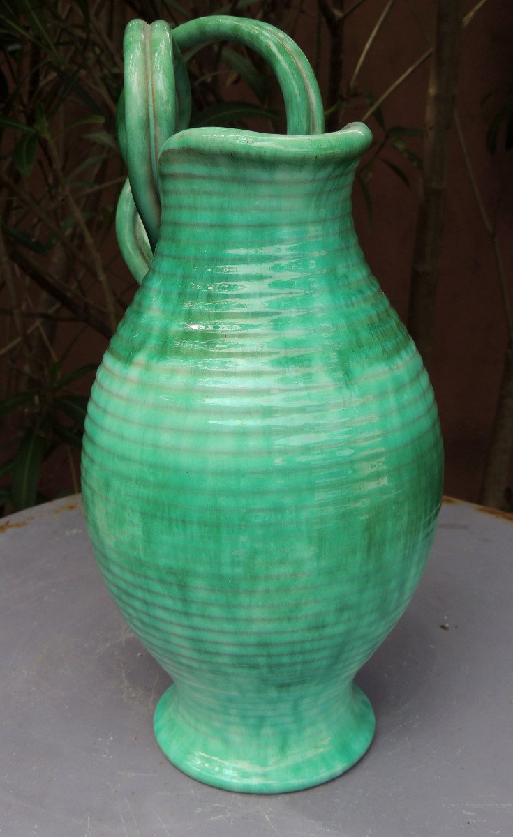 Vase, Ceramic Vase With This Bright Green, With Large Braided Handles Signed Alexana 20th-photo-2