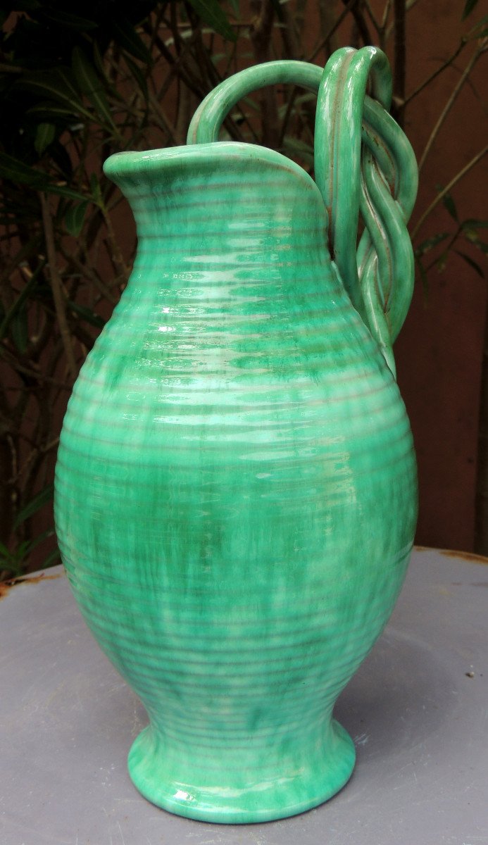 Vase, Ceramic Vase With This Bright Green, With Large Braided Handles Signed Alexana 20th-photo-3