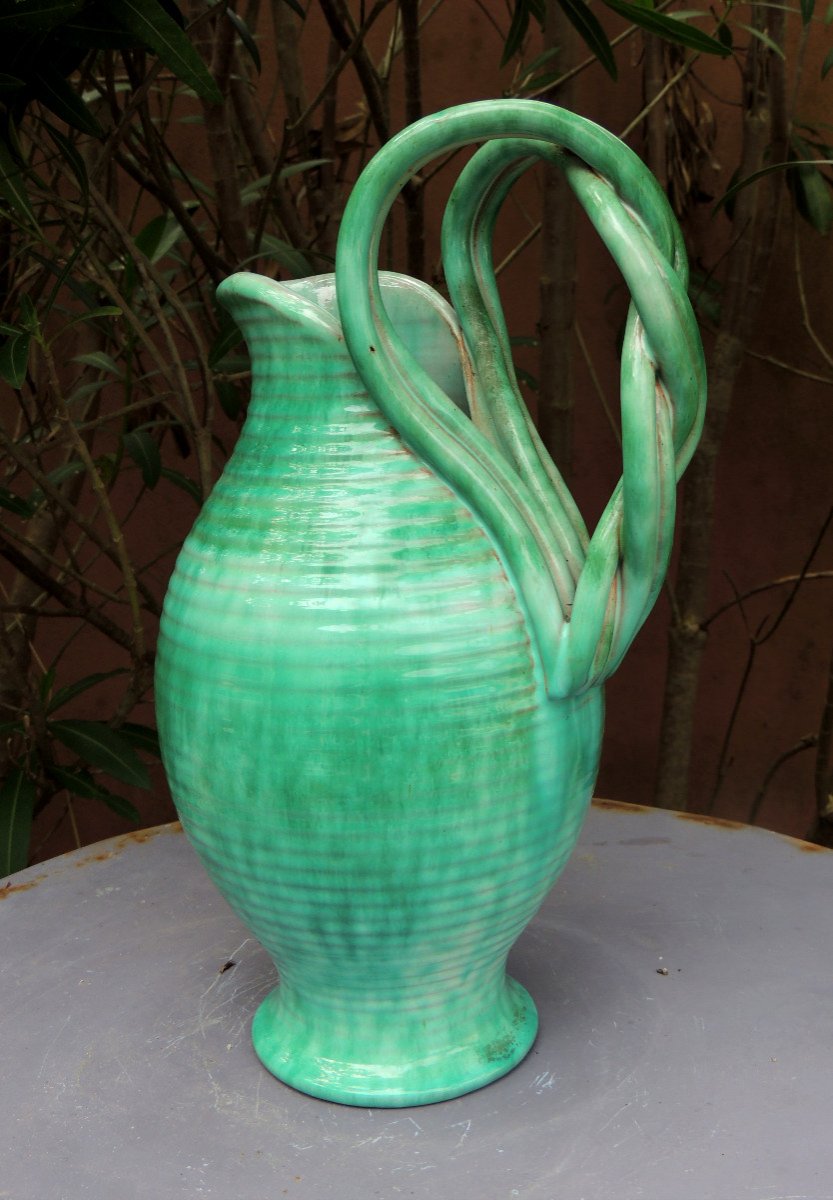 Vase, Ceramic Vase With This Bright Green, With Large Braided Handles Signed Alexana 20th