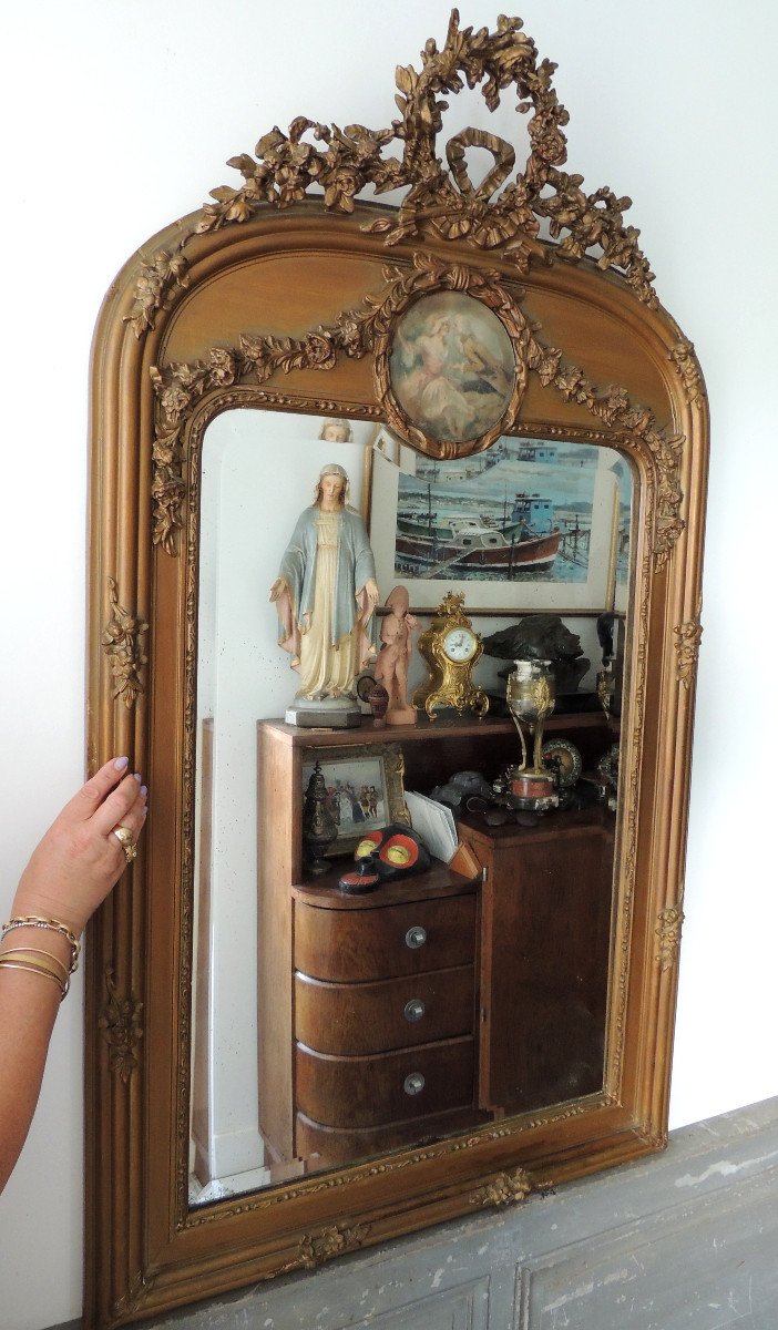 Mirror, Fireplace Mirror, Stuccoed Wooden Glass With Pediment, Louis XVI, 19th -photo-2