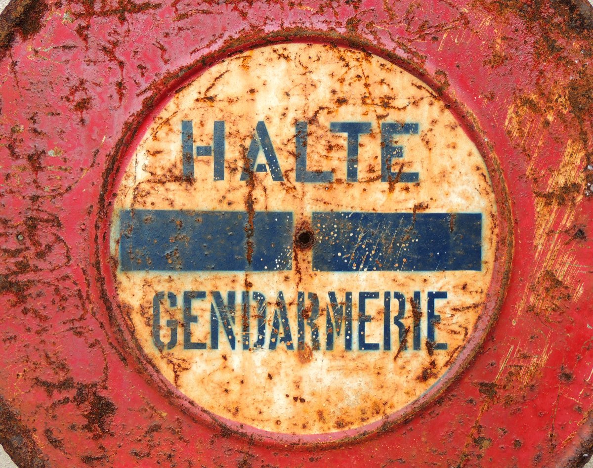 Old Painted Tole, Large Plaque, Signage Panel, Gendarmerie Stop, 20th Century-photo-3