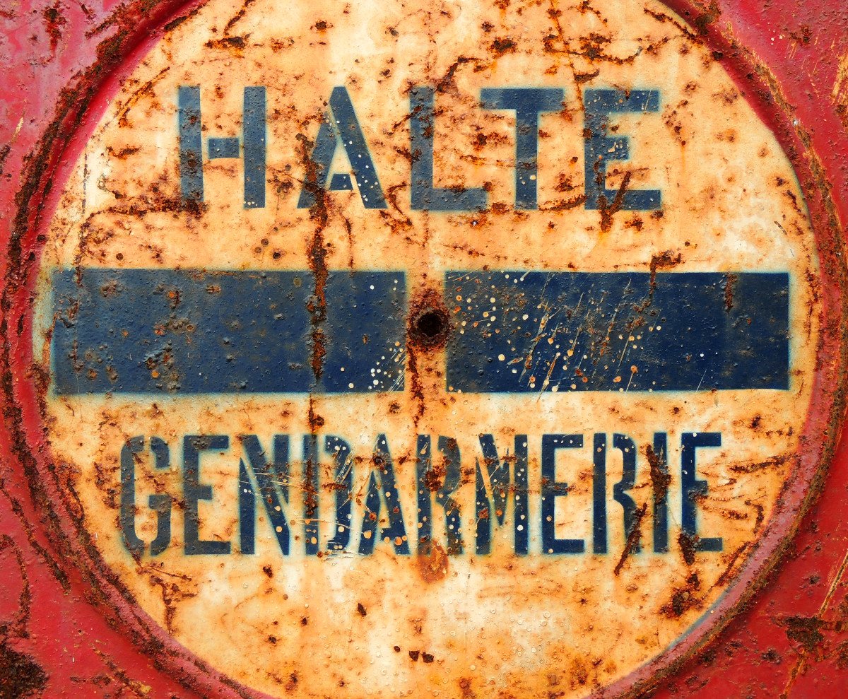 Old Painted Tole, Large Plaque, Signage Panel, Gendarmerie Stop, 20th Century-photo-4