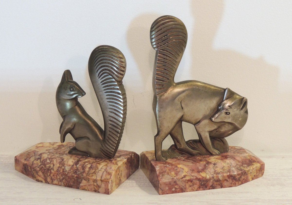 Bookends, Polished White Metal On Marble, The Fox And The Squirrel, Year 1950, 20th -photo-2