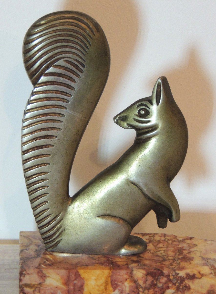 Bookends, Polished White Metal On Marble, The Fox And The Squirrel, Year 1950, 20th -photo-4