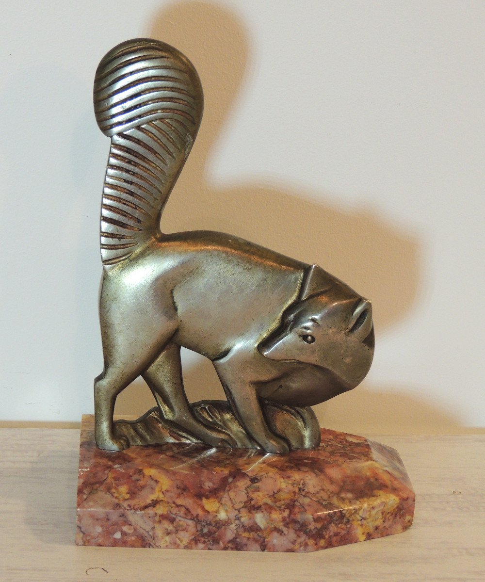 Bookends, Polished White Metal On Marble, The Fox And The Squirrel, Year 1950, 20th -photo-1