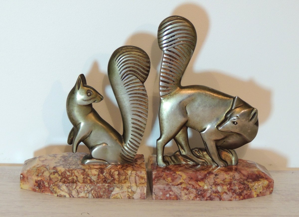 Bookends, Polished White Metal On Marble, The Fox And The Squirrel, Year 1950, 20th 