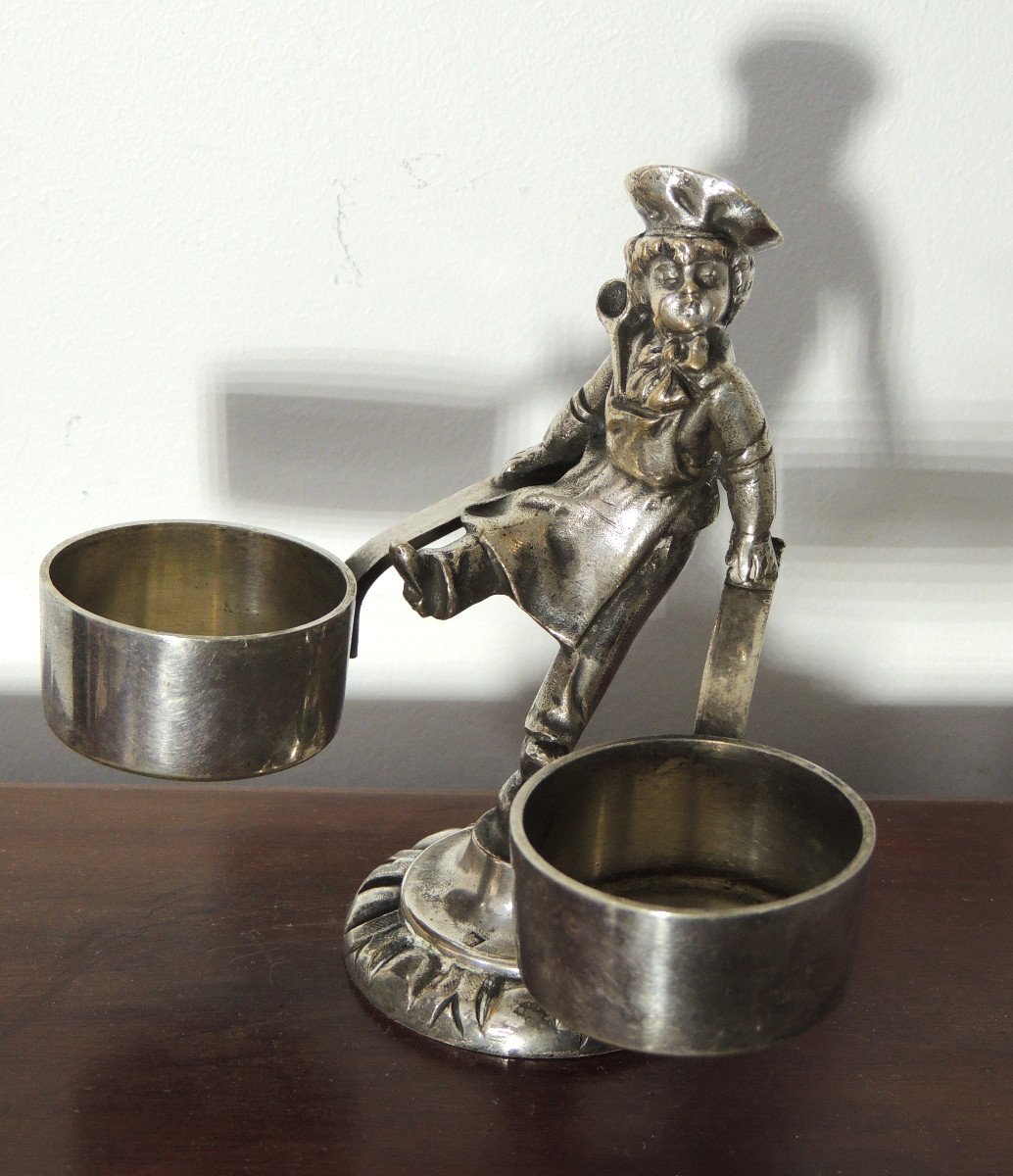 Silver Saléron, Young Cook In The Middle Of His Two Saucepans, 19th Century Tableware-photo-2