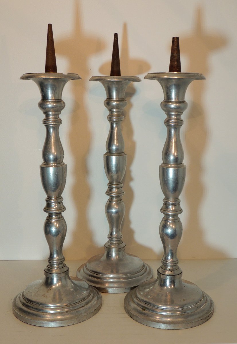 Candlestick Holder, 3 Aluminum Candlestick Holders, 51 Cm High Each, Candlesticks, 20th Century-photo-2