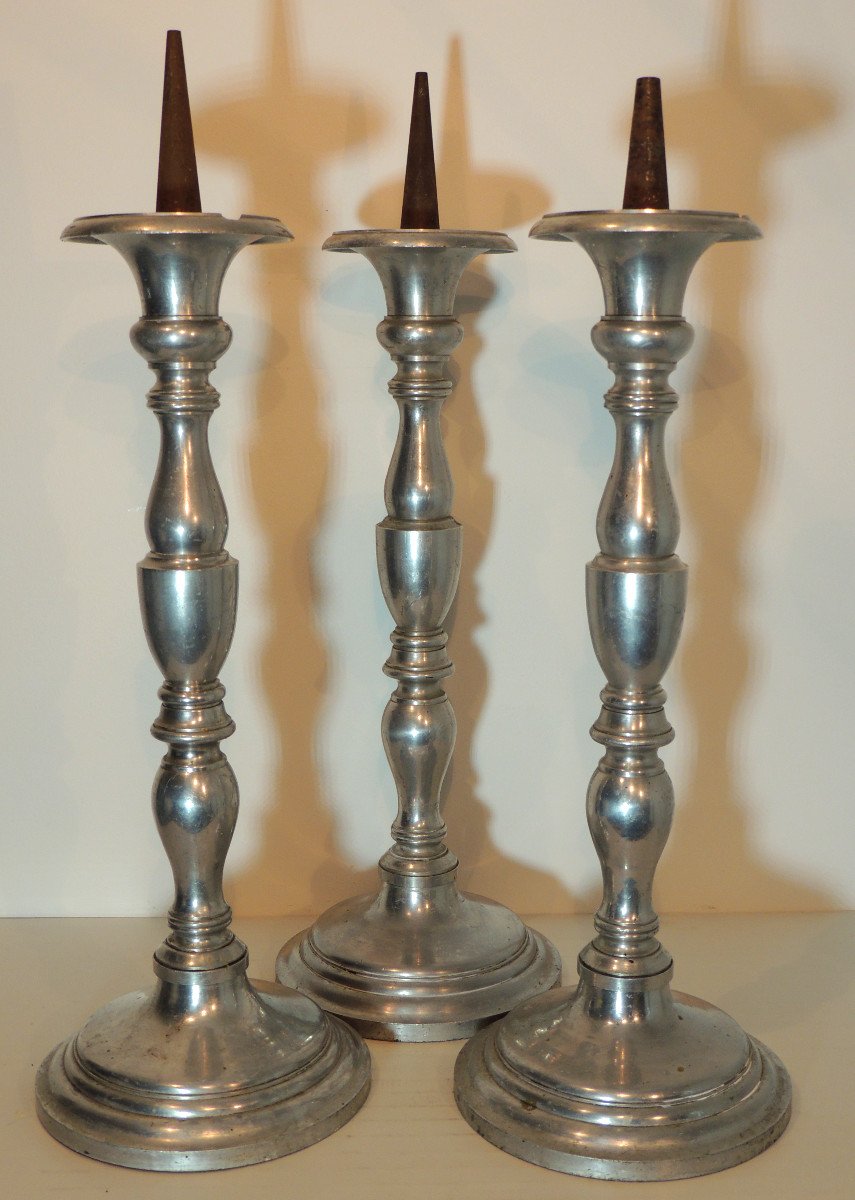 Candlestick Holder, 3 Aluminum Candlestick Holders, 51 Cm High Each, Candlesticks, 20th Century