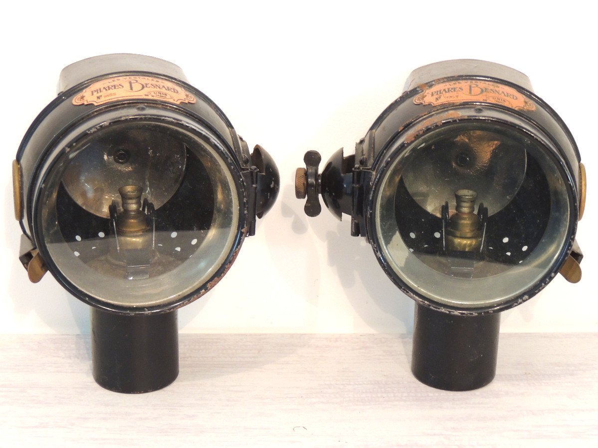 Pair Of Besnard Automobile Headlights "les Vestales" No. 1853 United France, 19th Century Car Part-photo-2