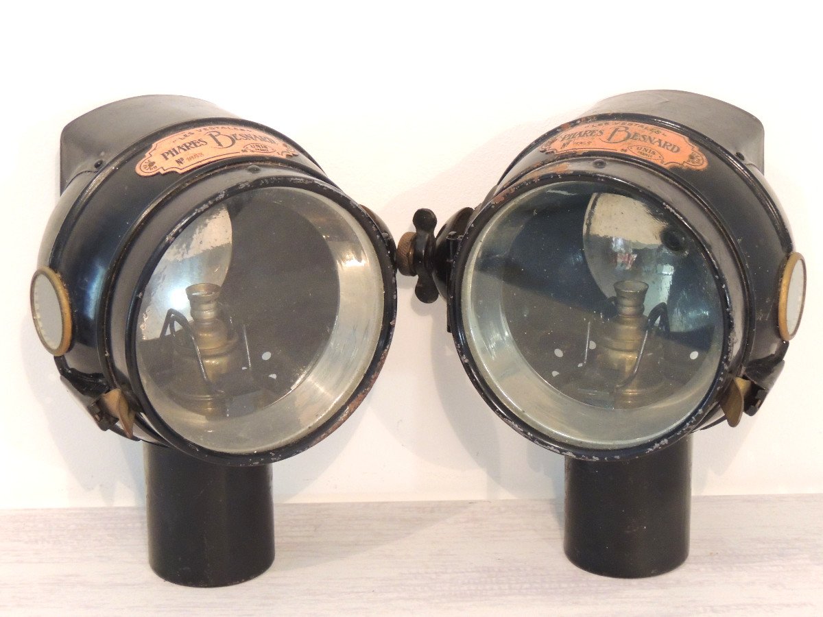 Pair Of Besnard Automobile Headlights "les Vestales" No. 1853 United France, 19th Century Car Part