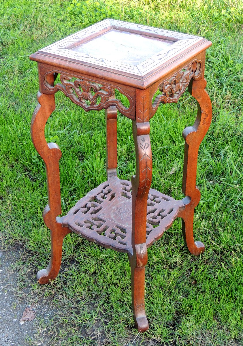 Asian Skeleton, Asian Wooden Column With Its Marble Top Late 19th Century-photo-2