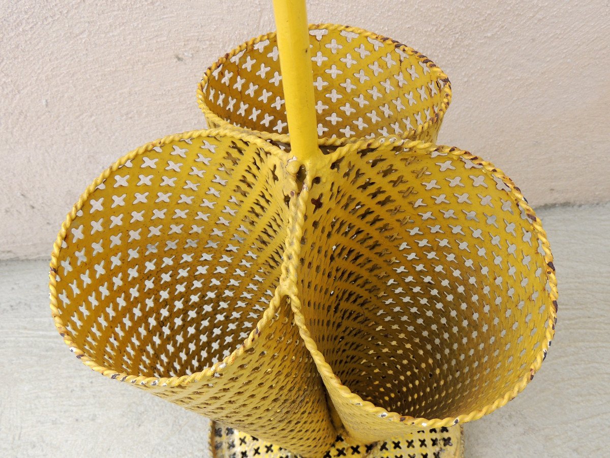 Porte Parapluie , Porte Canne à Trois Compartiments , Tole Perforée de Mathieu Matégot , 20 ème-photo-2