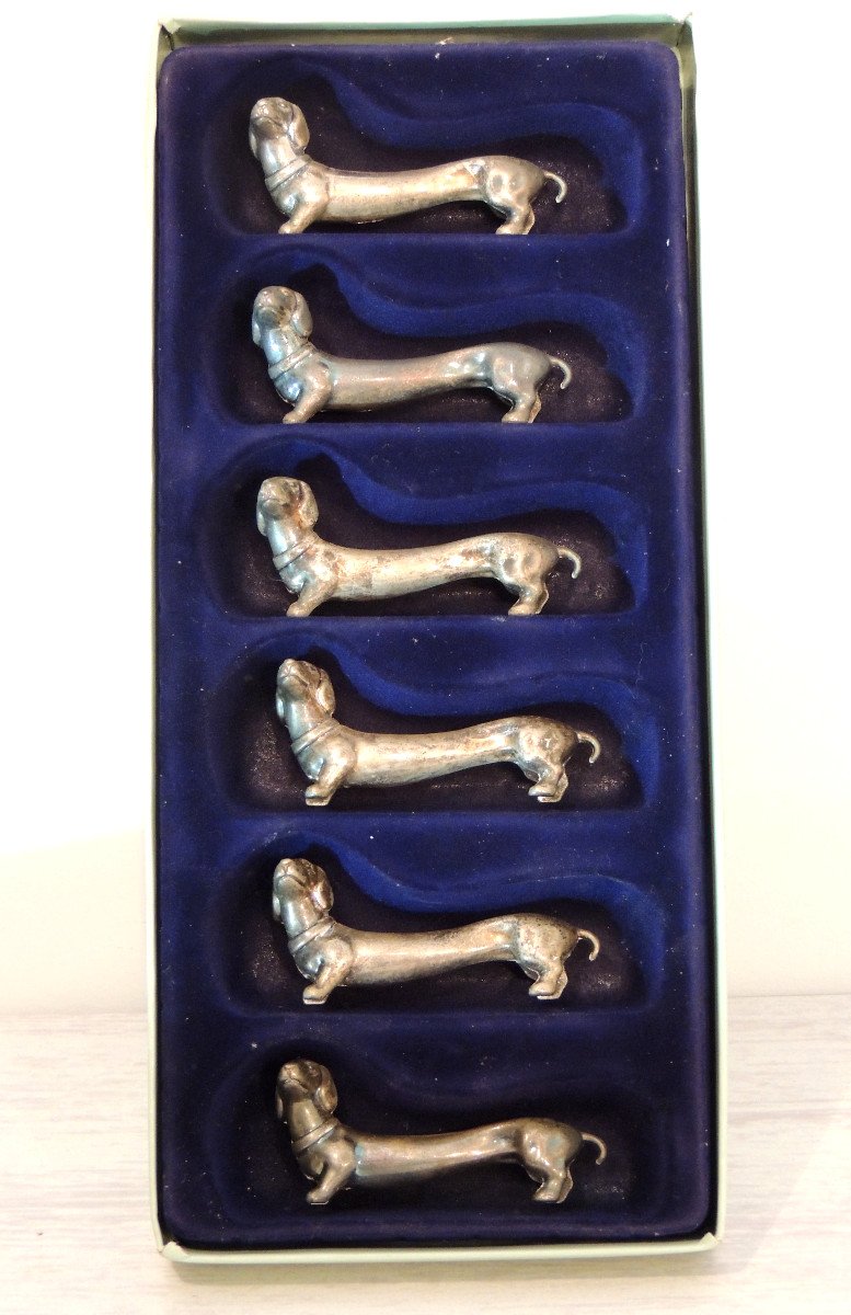 Silver Metal Knife Holder, 6 Dachshunds Beautifully Represented, Tableware, 20th Century -photo-2