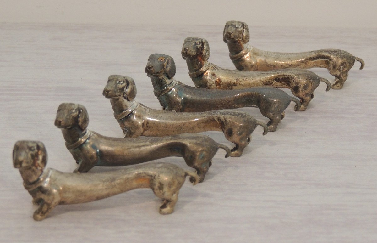 Silver Metal Knife Holder, 6 Dachshunds Beautifully Represented, Tableware, 20th Century -photo-4