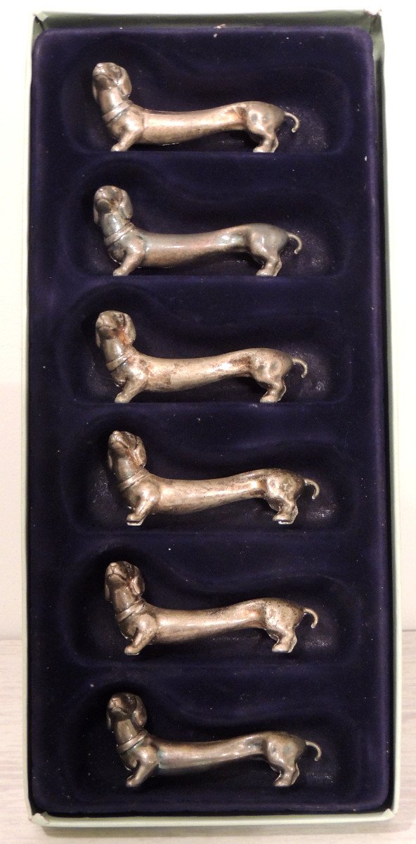 Silver Metal Knife Holder, 6 Dachshunds Beautifully Represented, Tableware, 20th Century 