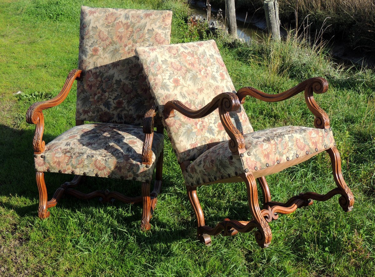 Paire De Fauteuils Louis XIV En Noyer , Modèle Régence Tapissé ,19 ème -photo-4