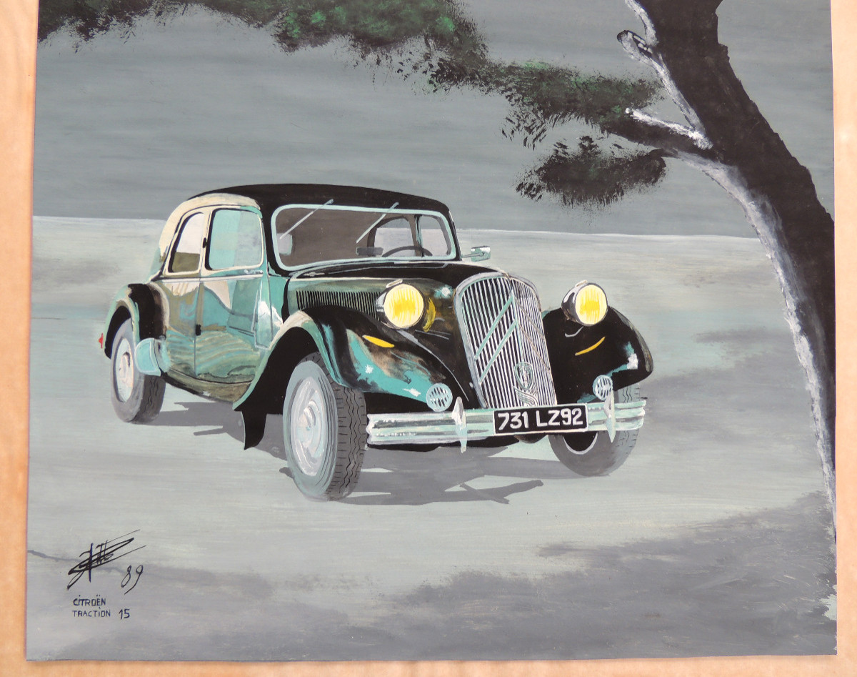 Peinture Sur Papier Avec Réhausse Encre De Chine Et Blanc , Citroën Traction 15  Signée De 1989-photo-3