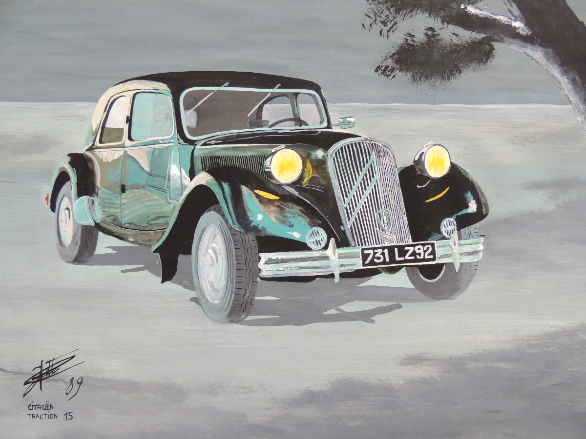 Peinture Sur Papier Avec Réhausse Encre De Chine Et Blanc , Citroën Traction 15  Signée De 1989-photo-4