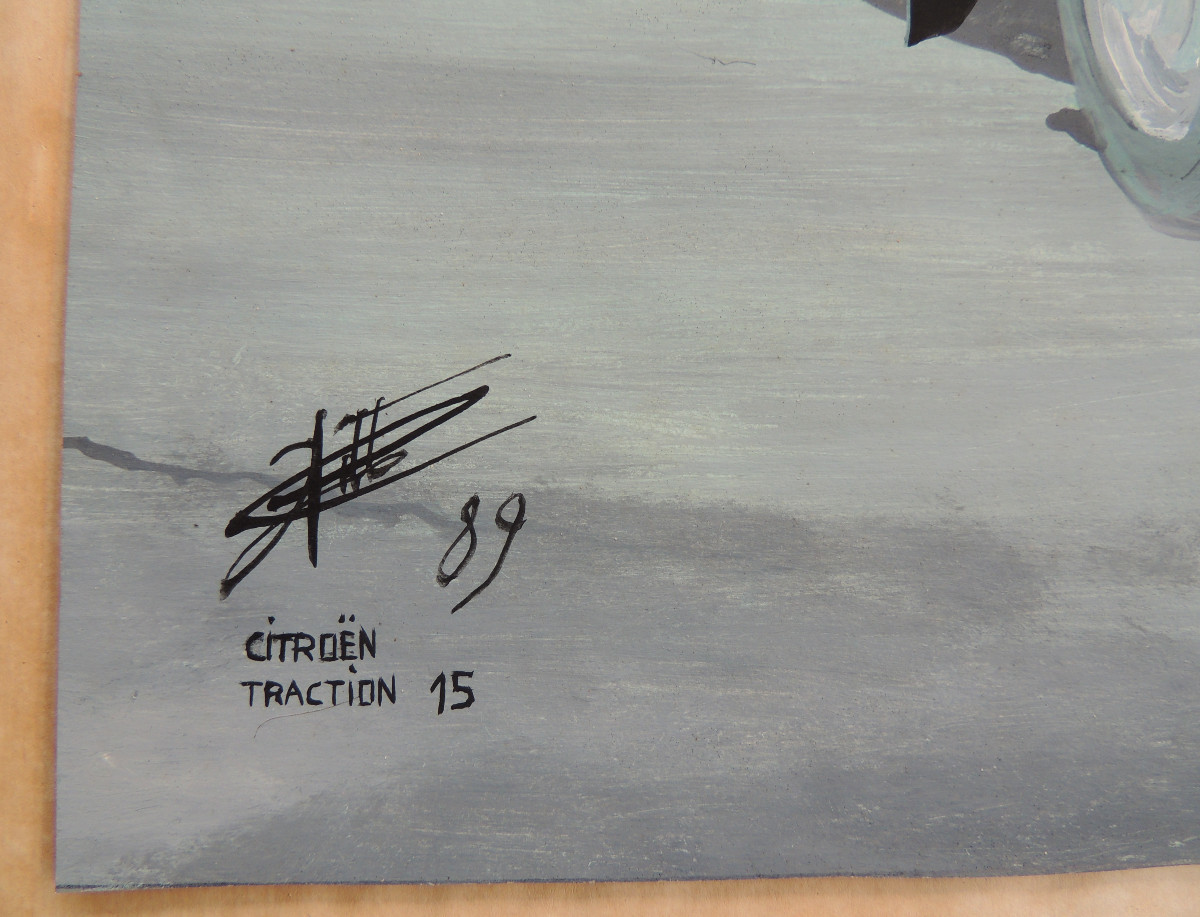 Peinture Sur Papier Avec Réhausse Encre De Chine Et Blanc , Citroën Traction 15  Signée De 1989-photo-1