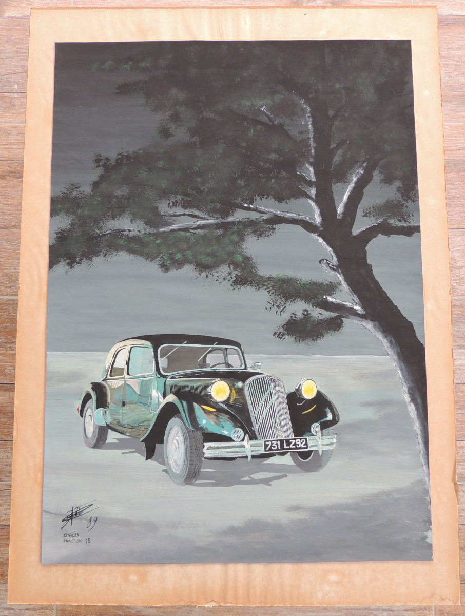 Peinture Sur Papier Avec Réhausse Encre De Chine Et Blanc , Citroën Traction 15  Signée De 1989