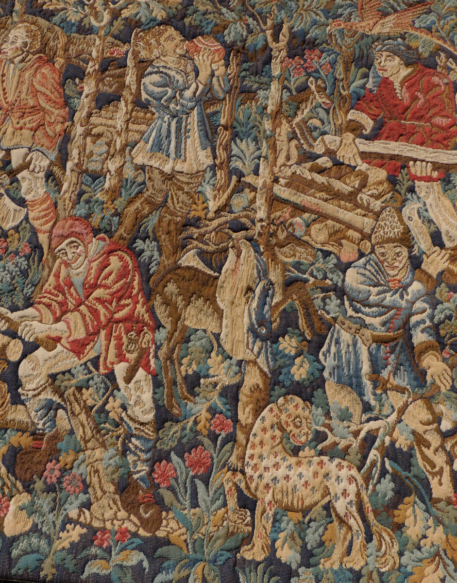 Tapisserie Murale , Scène Du Travaille Du Bois, Style Moyenageux , 20 ème -photo-4