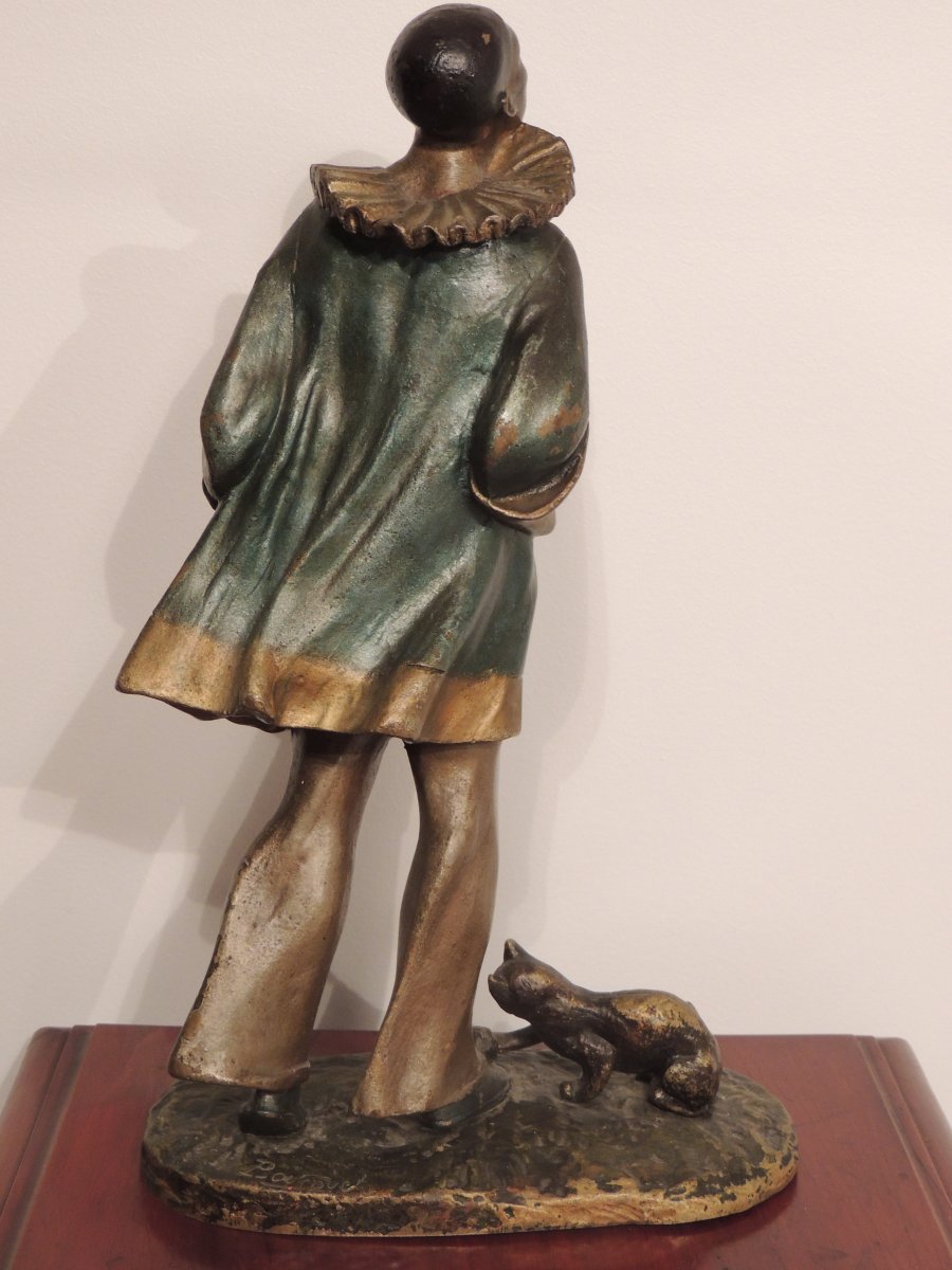 Bronze Sculpture Pierrot Au Chat By Robert Bousquet.-photo-3