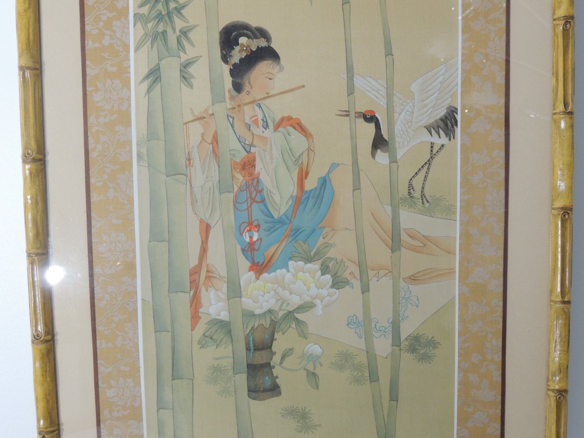 Painting On Silk, Gouache Painting Of A Young Asian Musician, 20th-photo-2