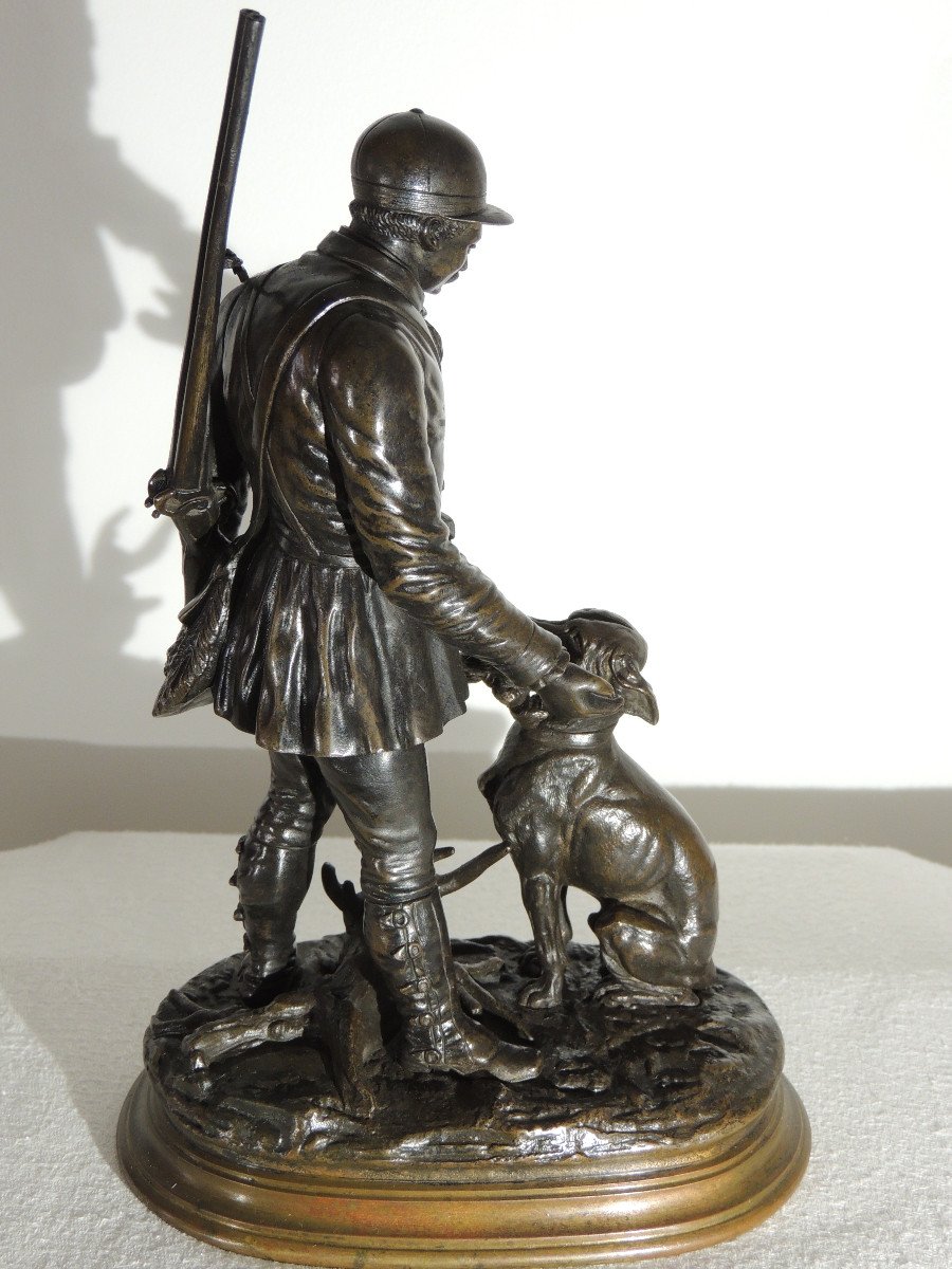 Édouard Paul Delabrierre (1829-1912) Hunter And His Dog Bronze Sculpture-photo-1