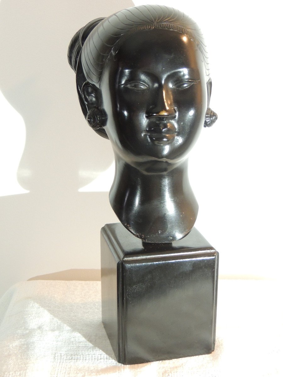 Bronze Head, Young Asian Woman, Indochina 20th Century-photo-2