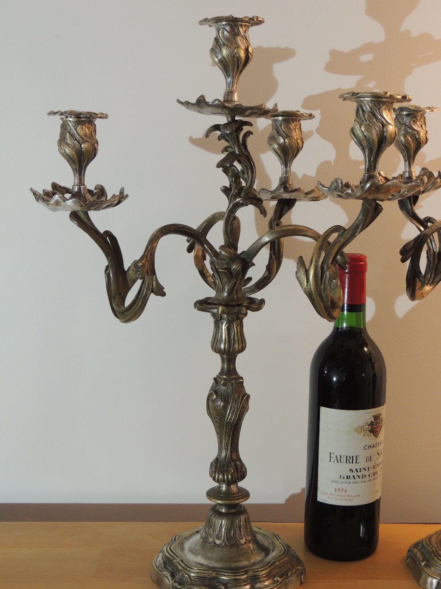 Pair Of Candelabra, Torches, Candlesticks, Louis XV Silver Bronze Candlesticks-photo-3