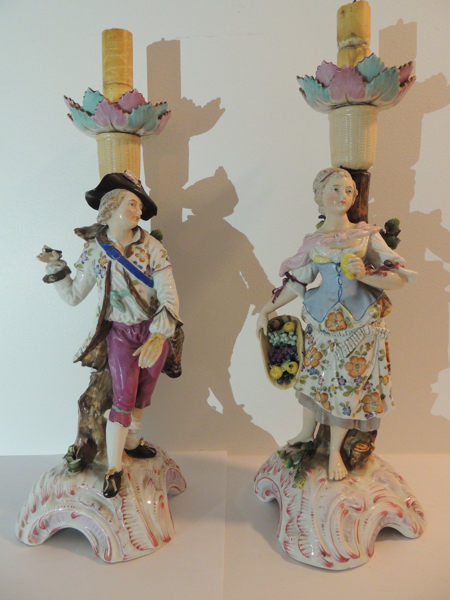 Pair Of Saxony Porcelain Candlesticks, Late 18th Century