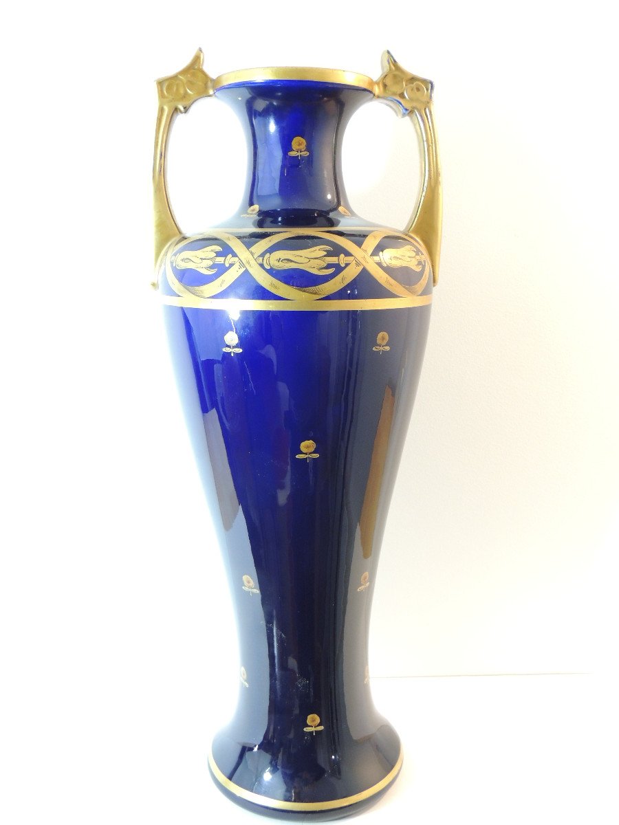 Grand Vase En Céramique Bleu De Tours Et Or , Style Art Nouveau , 20 ème-photo-1