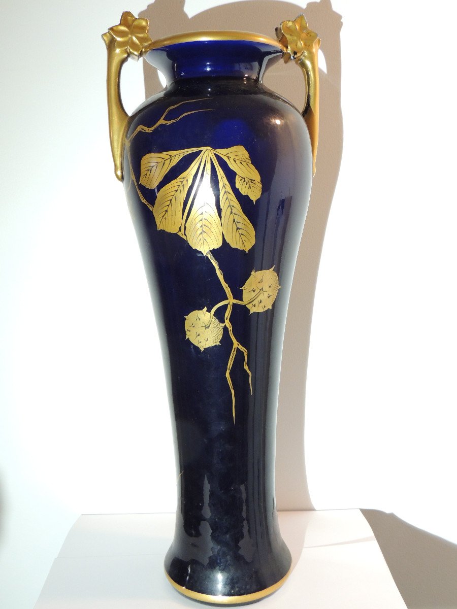 Grand Vase En Céramique Bleu De Tour Et Or , Art Nouveau , 20 ème Siècle-photo-2