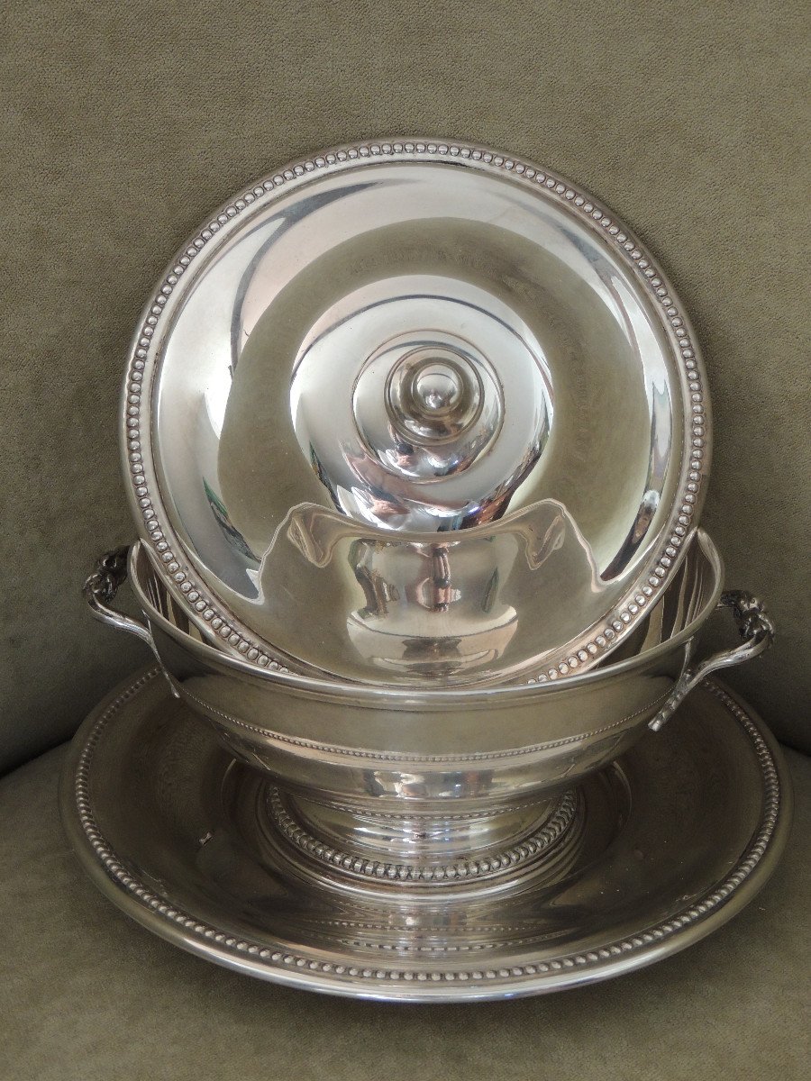 Vegetable Dish With Its Silver Metal Dish, Perlé Model, Louis Philippe Style, 20th-photo-3