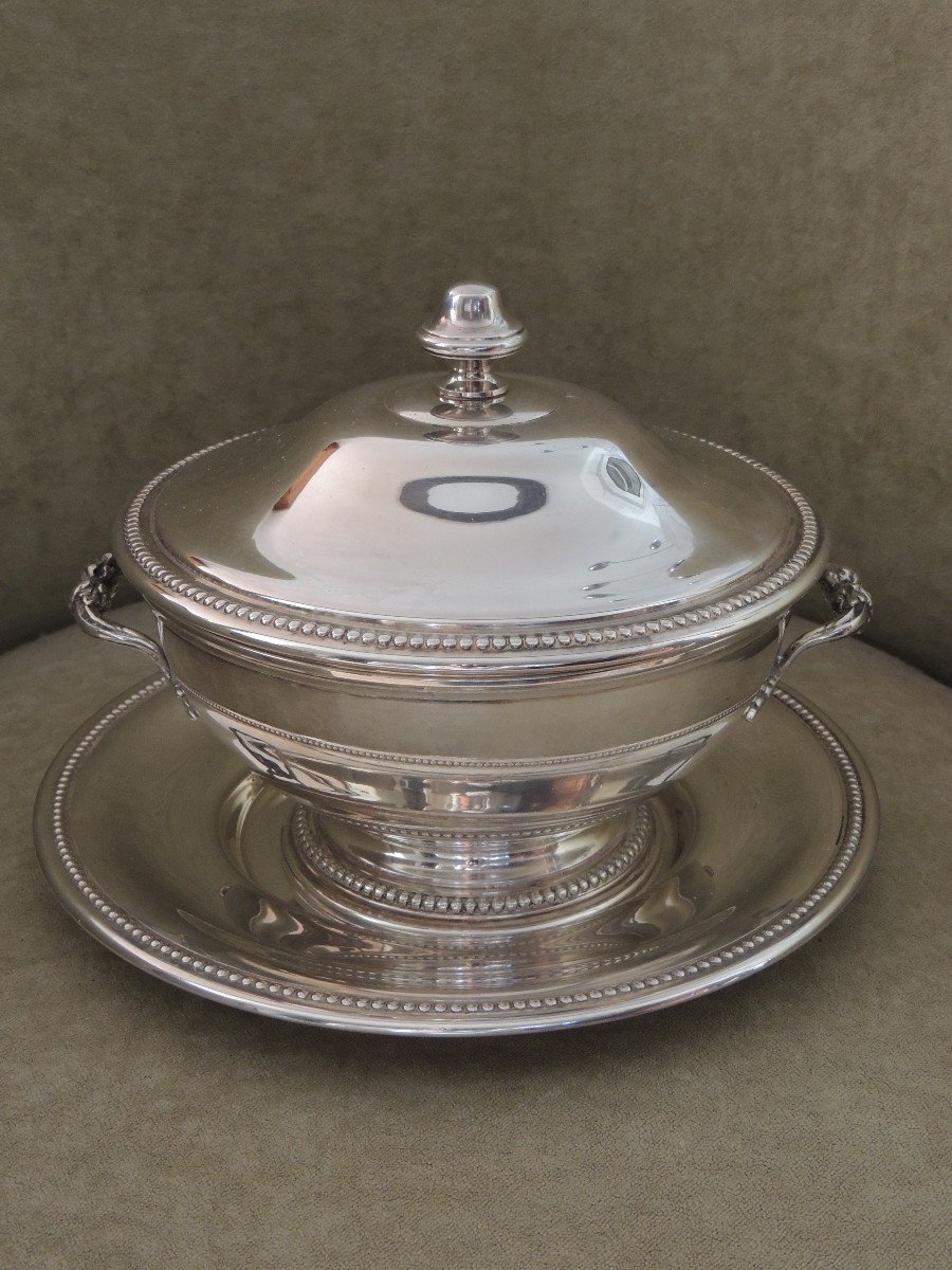 Vegetable Dish With Its Silver Metal Dish, Perlé Model, Louis Philippe Style, 20th