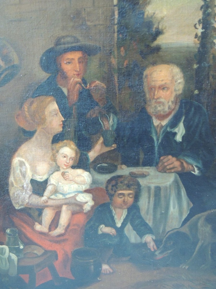 Tableau XVIII ème , Peinture à l'Huile Sur Toile  Famille Autour d'Une Table Pour se Rafraichir-photo-3