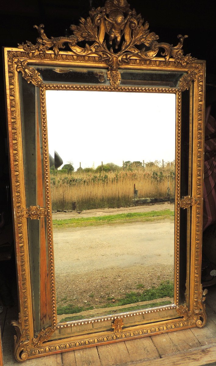Parclose Mirror 1.96 M, Golden Stucco Ice With A Putti On Its 19th Pediment.-photo-3