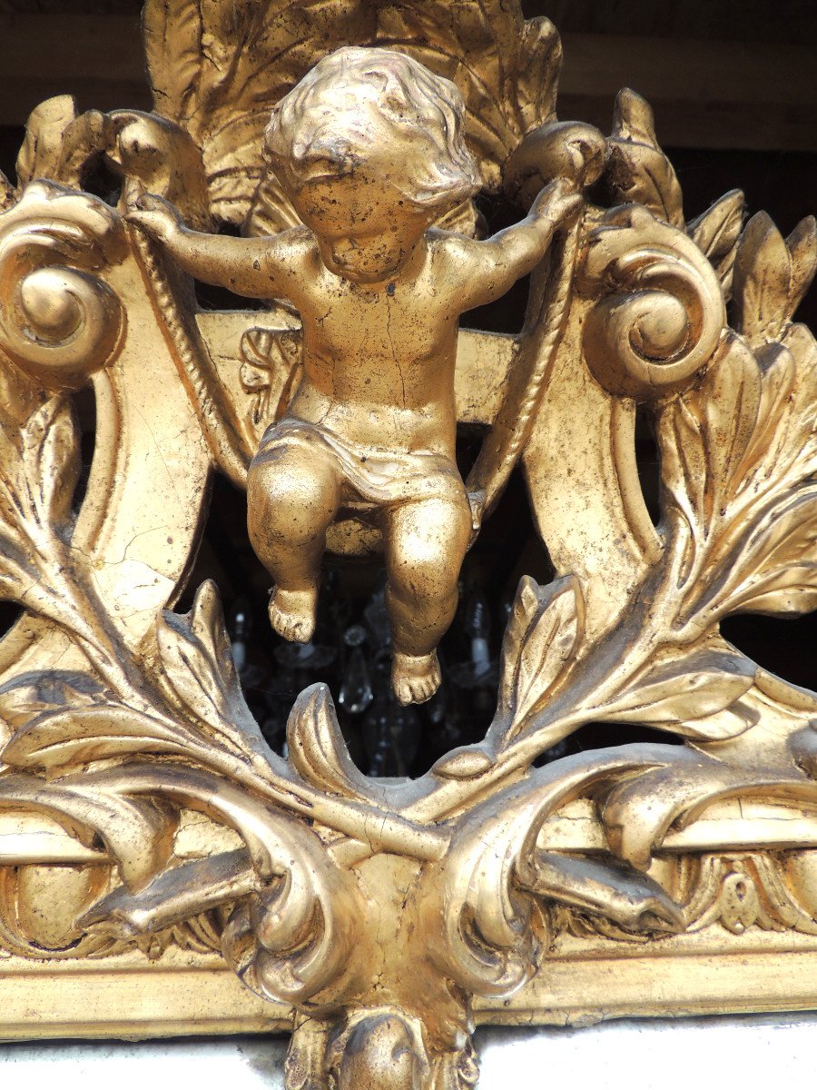 Parclose Mirror 1.96 M, Golden Stucco Ice With A Putti On Its 19th Pediment.-photo-3