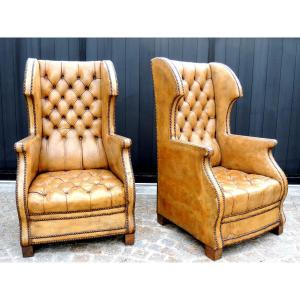 Chesterfield, Pair Of Leather Armchairs With Wings From The 50s - 60s, 20th Century
