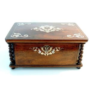 Box, Rosewood Box Inlaid Brass & Mother-of-pearl, Stamp Ch Th 18 Rue Chapon, 19th
