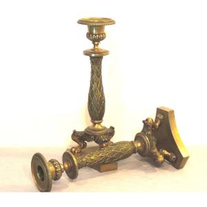 Pair Of Candlesticks In Gilt Bronze Candlesticks On Tripod Feet In Lion Claws Empire 19th