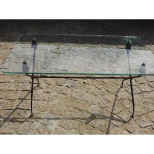 Table Basse Plateau Verre , Travail Français , Empiétement Tube Effillé , Années 50 , 20 ème 