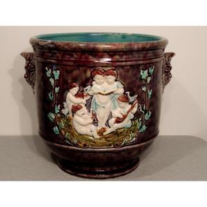 Cache Pot En Barbotine , Jardinière En Faience , Scène De Cinq Enfants Musiciens , Fin 19 ème 