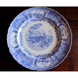 Large Round Earthenware Dish David Johnston, Bordeaux, English Import Camaïeu Bleu 19th