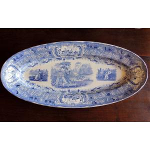 Large Oval Dish, Earthenware David Johnston Et Compagnie, Bordeaux, Printed In Blue Camaïeu 19th