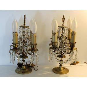 Pair Of Girandoles With Four Arms Of Light, Bronze And Crystal Tassels, From The 20th Century