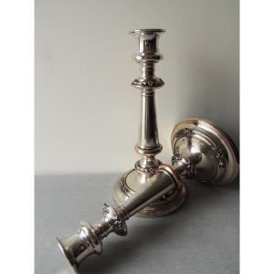 Pair Of Silver Metal Candlesticks, Pair Of Art Deco Torches From The 20th Century