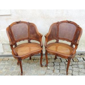 Pair Of Louis XV Basket Armchairs In Walnut, Carved And Caned Moldings, From The 19th Century